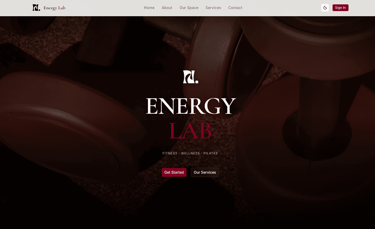 EnergyLab fitness coaching platform homepage with booking and services overview